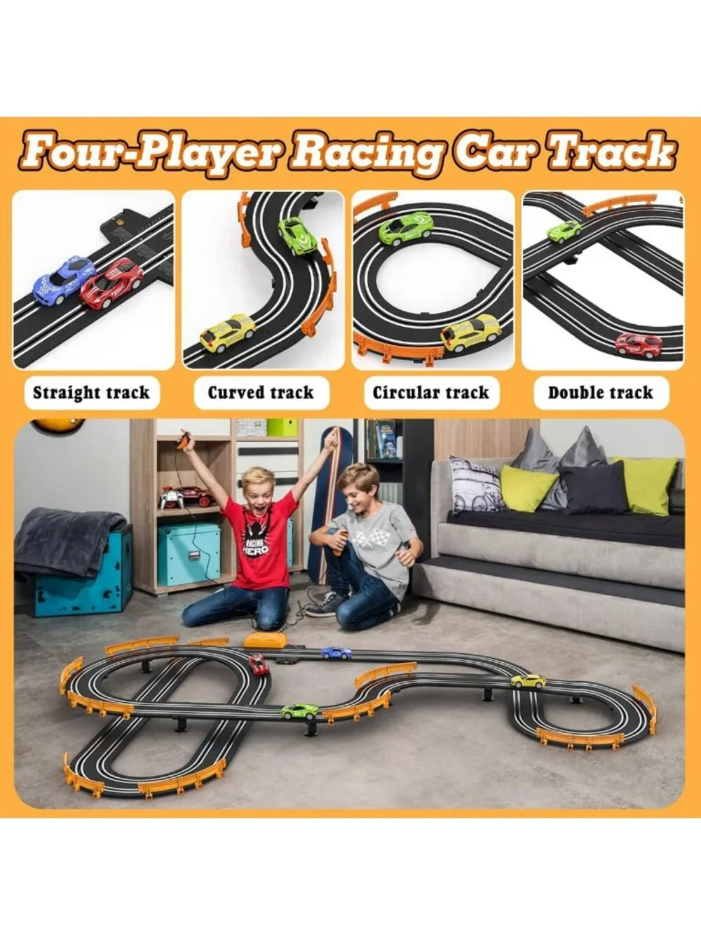 High-Speed Slot Car Race Track Set with 4 Cars, Dual Racing Game for Kids 6-12
